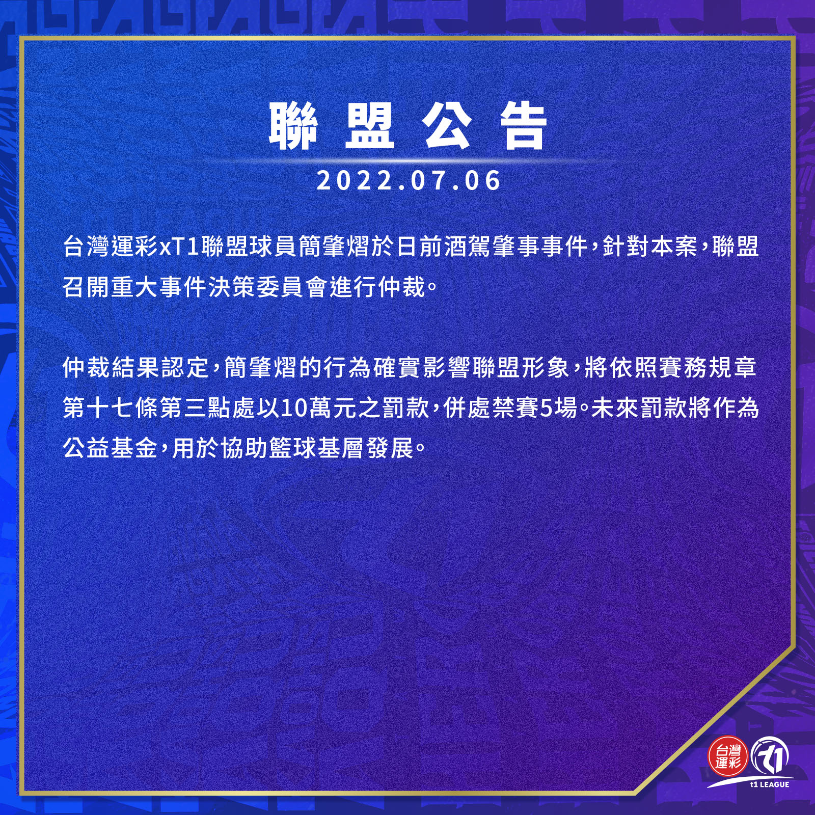 簡肇熠禁賽5場+罰10萬　尤楚翔僅罰款