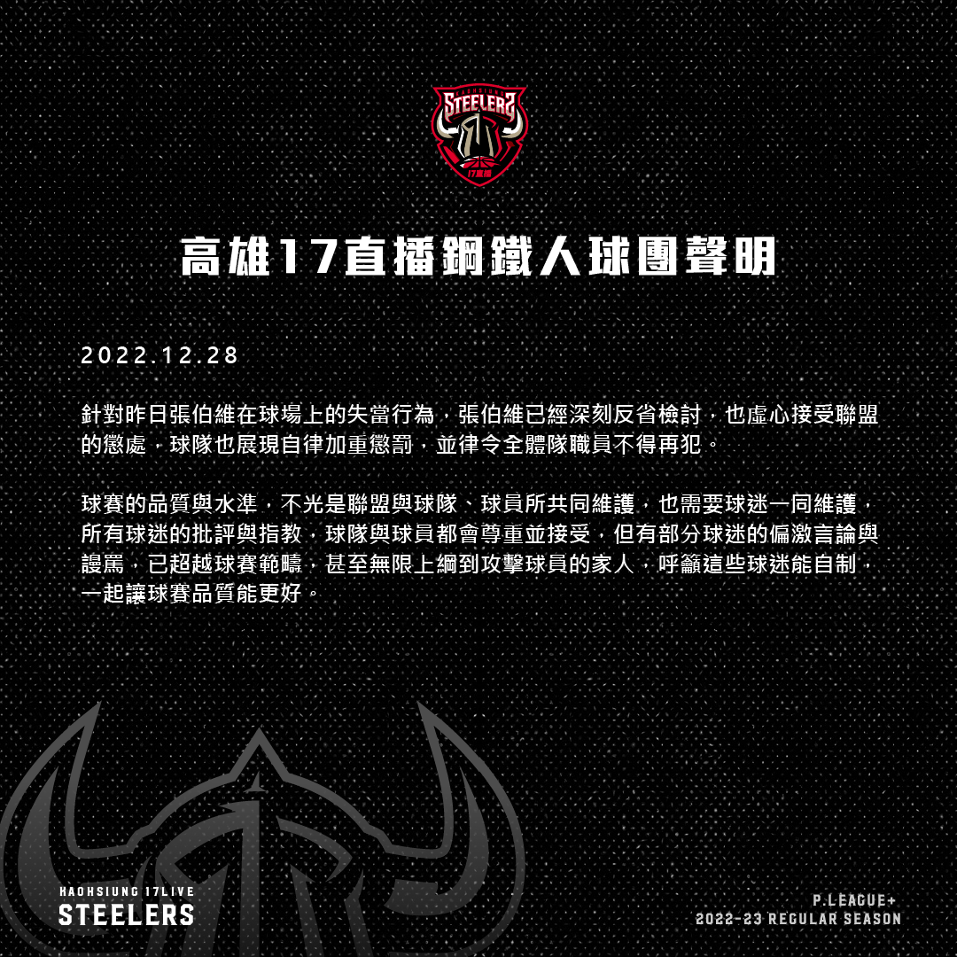 張伯維比中指引謾罵　鋼鐵人籲球迷自制