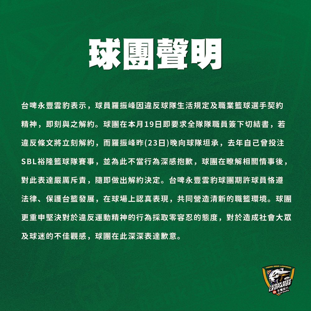 坦承曾下注SBL裕隆賽事　羅振峰今遭台啤永豐雲豹解約