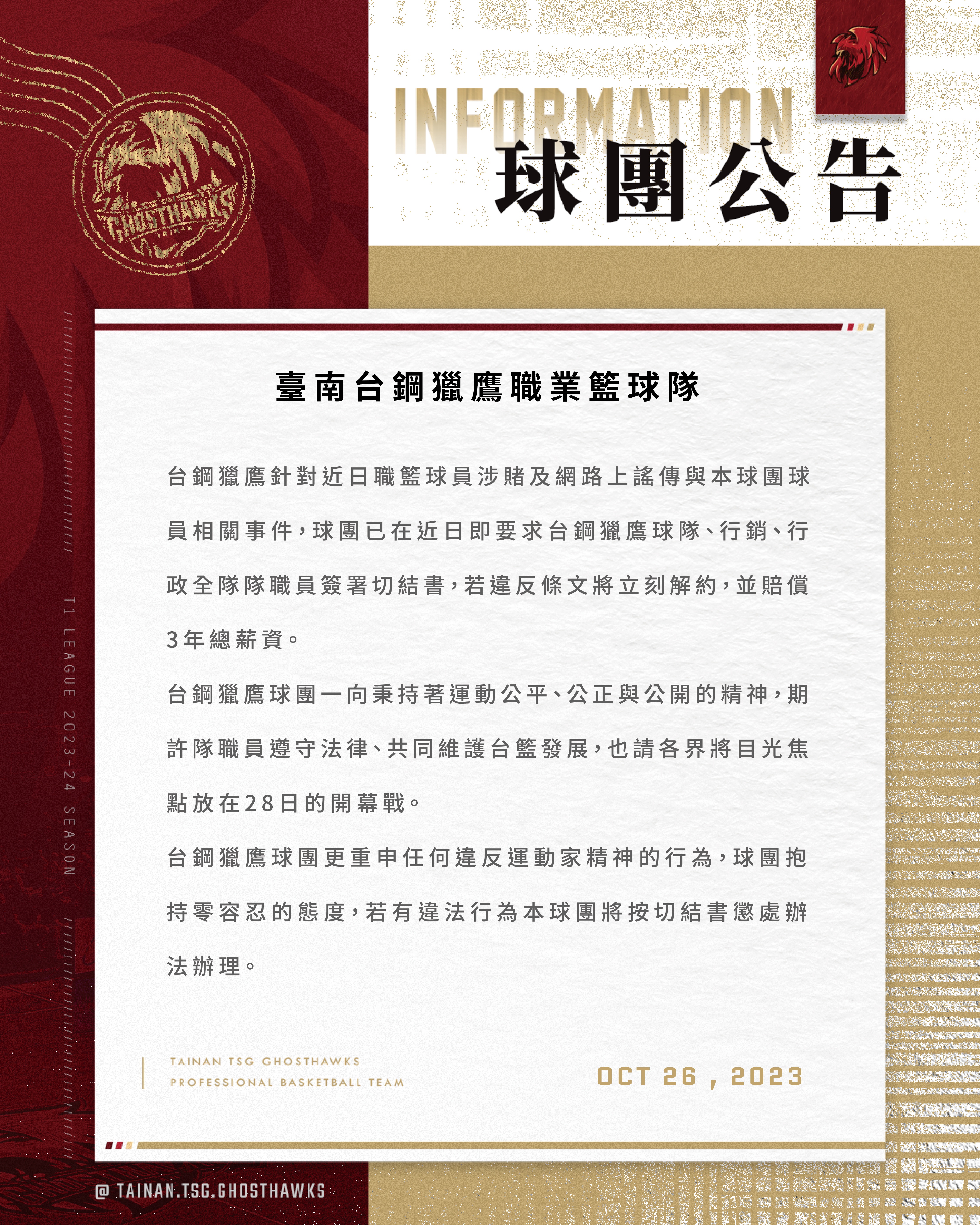 網傳有球員涉賭　獵鷹簽切結書、罰3年薪資