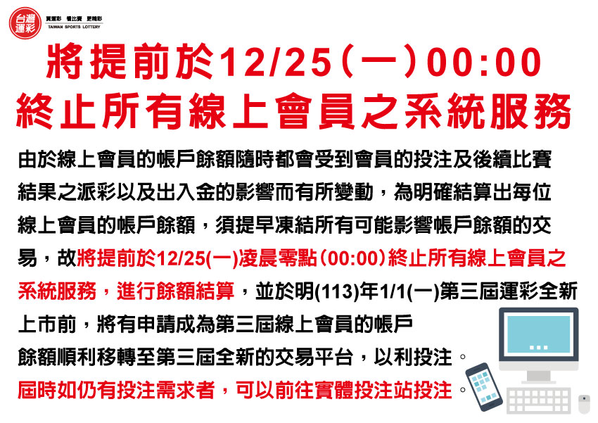 台灣運彩換屆更新平台　線上投注12/25起停用7天