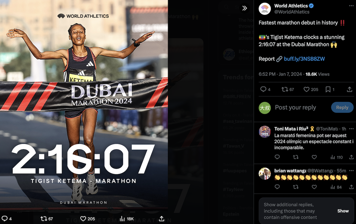 初馬2小時16分7秒　Tigist Ketema創最快紀錄