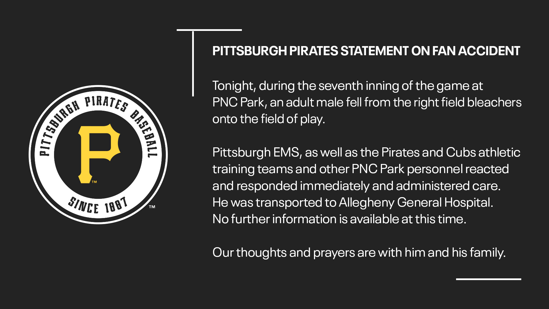 MLB》影／海盜主場發生憾事！　球迷從二樓看台跌落送醫急救