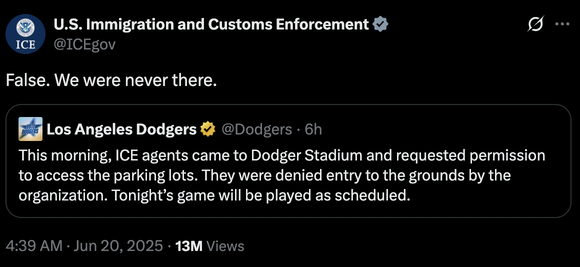 MLB》道奇要求移民執法人員離開球場　遭反駁假新聞