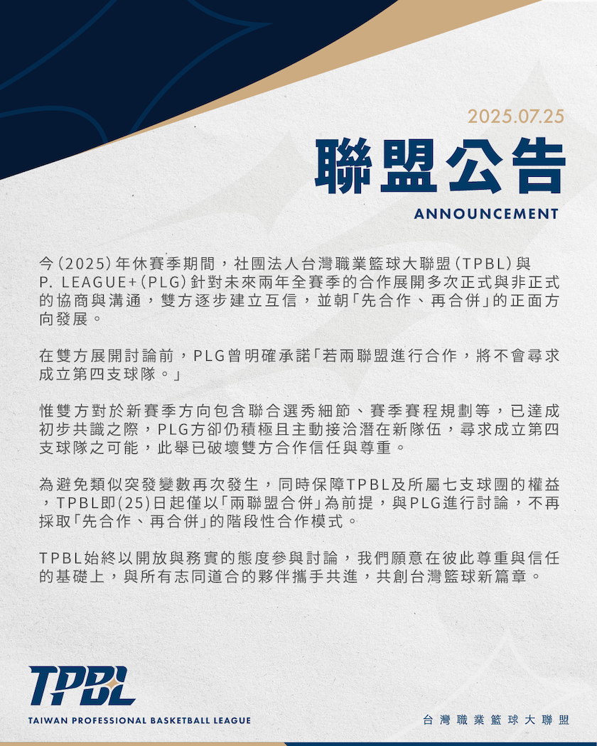 TPBL》兩聯盟合作破局！ TPBL聲明：PLG找第4隊破壞雙方合作信任與尊重